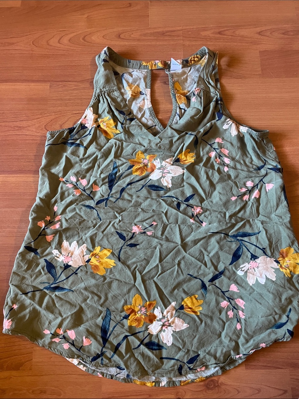 Old Navy Olive Green Floral V-Neck Tank Top